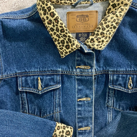 Vintage Route 66 leopard trim denim jacket - Picture 2 of 5